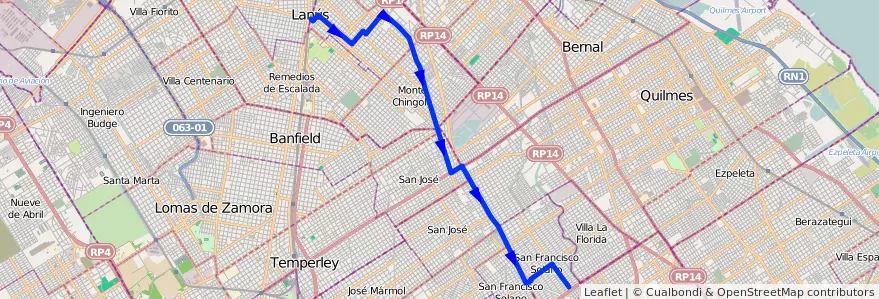 Mapa del recorrido S.Fco Solano-Lanus de la línea 354 en Buenos Aires.