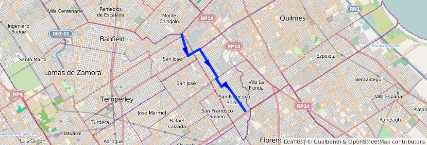 Mapa del recorrido S.Fco Solano-Pte.Urib de la línea 354 en بوينس آيرس.