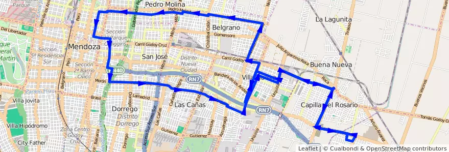 Mapa del recorrido T - Bº Unimev - Centro - Pedro Molina de la línea G11 en Departamento Guaymallén.