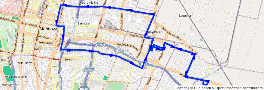 Mapa del recorrido T - Pedro Molina - Centro - Bº UNIMEV de la línea G11 en Departamento Guaymallén.