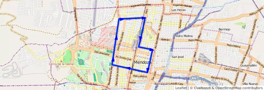 Mapa del recorrido T1 - Parque de la línea G12 en Ciudad de Mendoza.