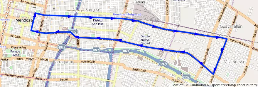 Mapa del recorrido T2 - Villa Nueva de la línea G12 en Mendoza.