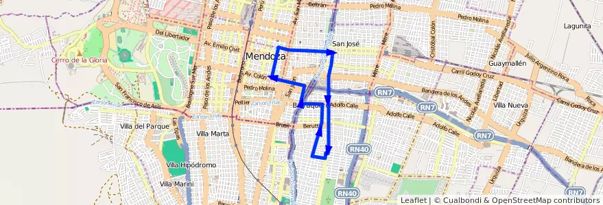 Mapa del recorrido T3 - Dorrego de la línea G12 en Mendoza.