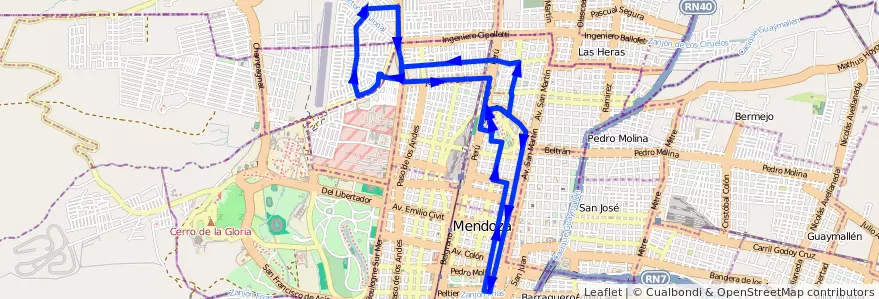 Mapa del recorrido T4 - Pellegrini de la línea G12 en Mendoza.