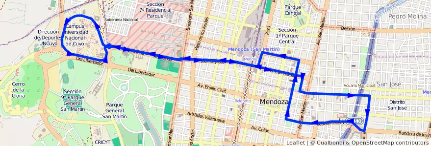 Mapa del recorrido T6 - U.N.C. de la línea G12 en Ciudad de Mendoza.