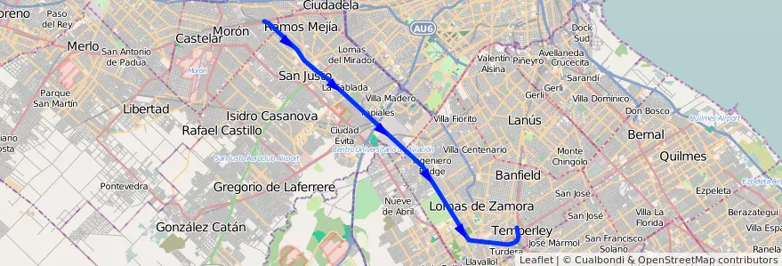 Mapa del recorrido Temperley-Haedo de la línea Ferrocarril General Urquiza en 布宜诺斯艾利斯省.