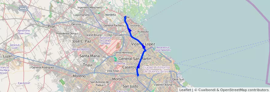Mapa del recorrido Tigre de la línea 21 en Буэнос-Айрес.