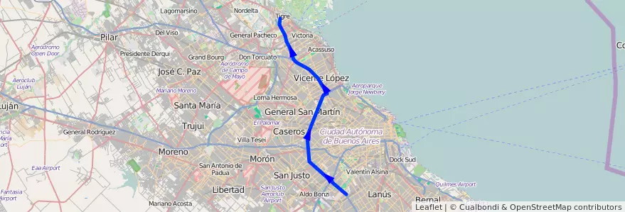 Mapa del recorrido Tigre de la línea 21 en Arjantin.