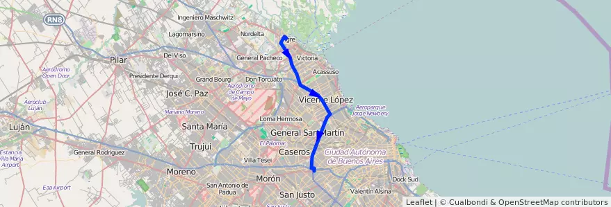 Mapa del recorrido Tigre de la línea 21 en 布宜诺斯艾利斯省.