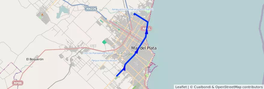 Mapa del recorrido Troncal de la línea 555 en Mar del Plata.