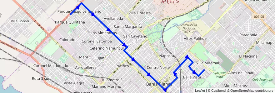 Mapa del recorrido troncal de la línea 509 en Bahía Blanca.