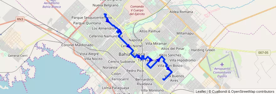Mapa del recorrido troncal de la línea 516 en Bahía Blanca.