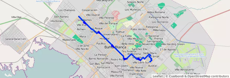 Mapa del recorrido troncal de la línea 513 en Bahía Blanca.