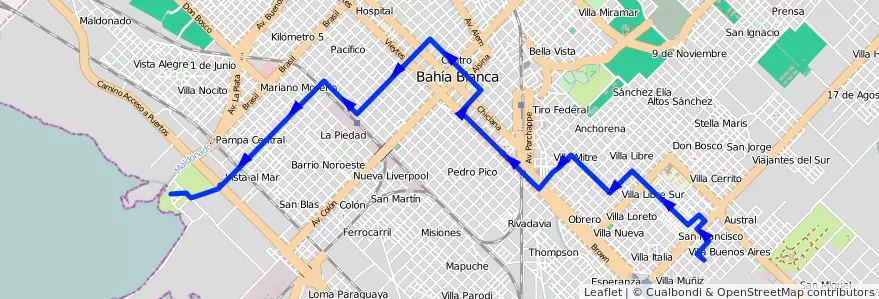 Mapa del recorrido troncal de la línea 505 en Bahía Blanca.