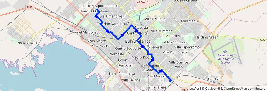 Mapa del recorrido troncal de la línea 512 en Bahía Blanca.