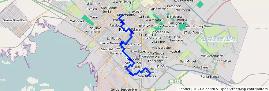 Mapa del recorrido troncal de la línea 518 en Bahía Blanca.