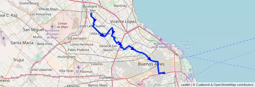 Mapa del recorrido Troncal de la línea 127 en Arjantin.