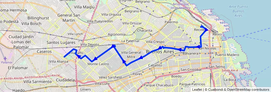 Mapa del recorrido Troncal de la línea 124 en Autonomous City of Buenos Aires.