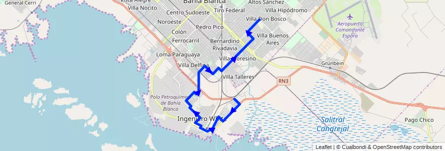 Mapa del recorrido troncal de la línea 504EX en Partido de Bahía Blanca.