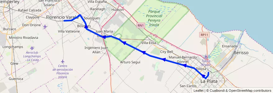 Mapa del recorrido Troncal de la línea 414 en Provincia di Buenos Aires.