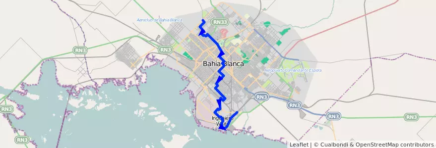 Mapa del recorrido troncal de la línea 500 en Partido de Bahía Blanca.