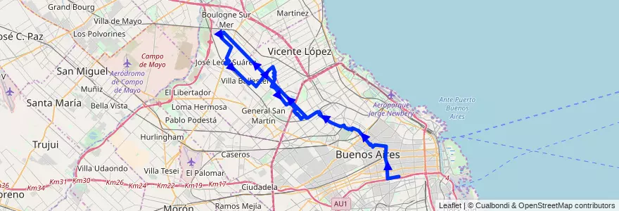Mapa del recorrido Troncal de la línea 127 en Argentina.