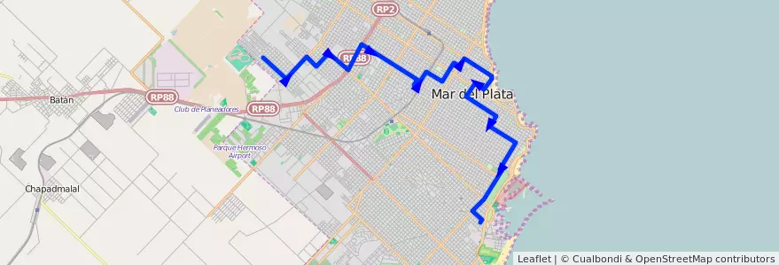 Mapa del recorrido Troncal de la línea 571 en Mar del Plata.