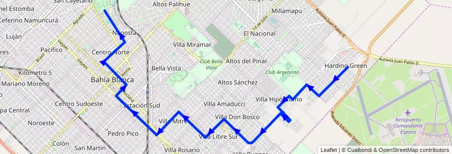 Mapa del recorrido troncal de la línea 513EX en Bahía Blanca.