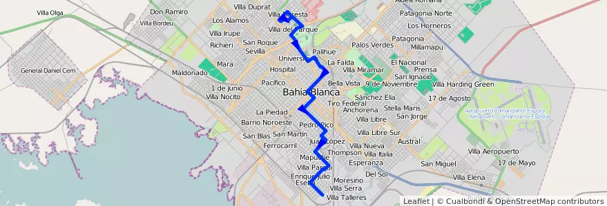 Mapa del recorrido troncal de la línea 502 en Bahía Blanca.