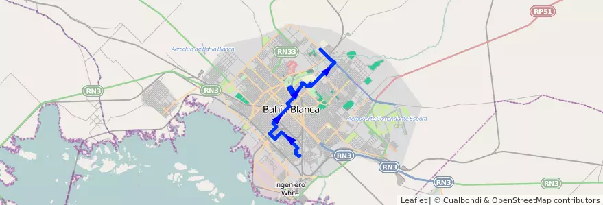 Mapa del recorrido troncal de la línea 503 en Bahía Blanca.