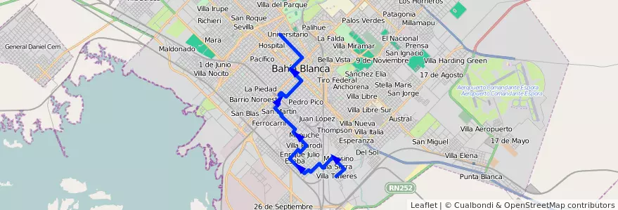 Mapa del recorrido troncal de la línea 518 en Bahía Blanca.