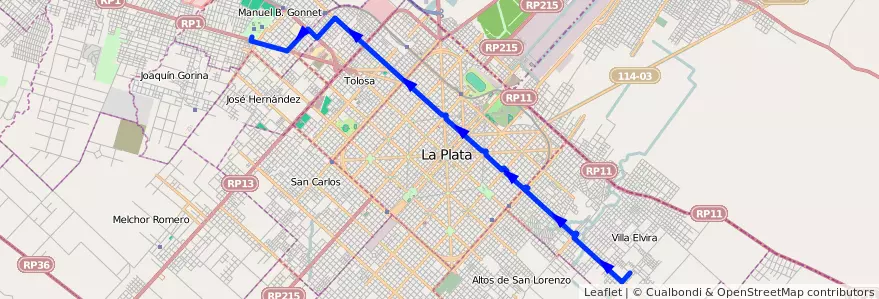 Mapa del recorrido unico de la línea 518 en Partido de La Plata.