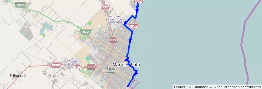Mapa del recorrido Unico de la línea 581 en Mar del Plata.