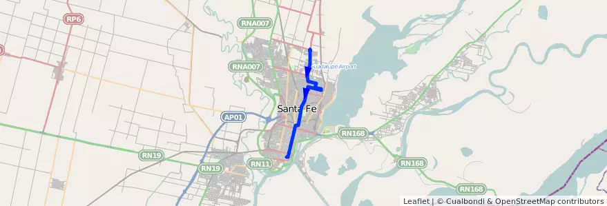 Mapa del recorrido unico de la línea 10 en Santa Fe.