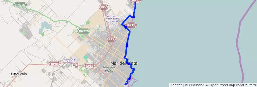 Mapa del recorrido Unico de la línea 581 en Mar del Plata.