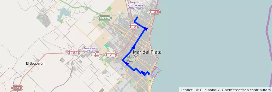Mapa del recorrido Unico de la línea 554 en Mar del Plata.