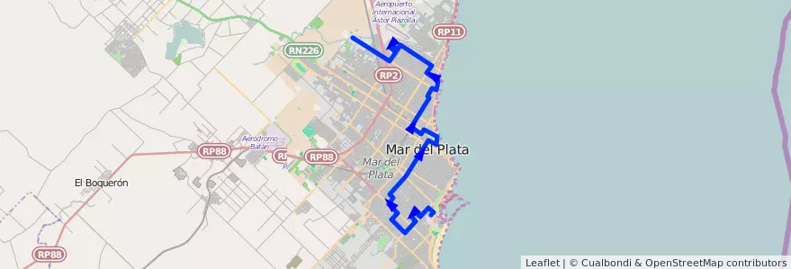 Mapa del recorrido Unico de la línea 553 en Mar del Plata.