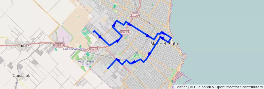 Mapa del recorrido Unico de la línea 573 en Mar del Plata.