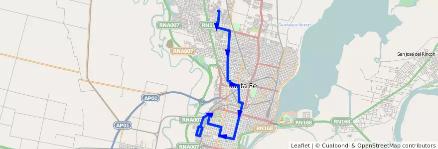 Mapa del recorrido unico de la línea 18 en Santa Fe.