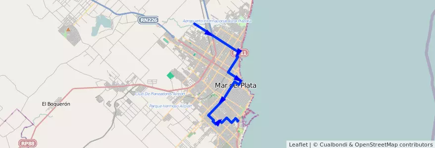 Mapa del recorrido Unico de la línea 551 en Mar del Plata.