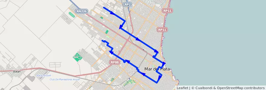 Mapa del recorrido Unico de la línea 531 en Mar del Plata.