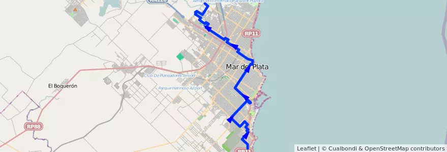 Mapa del recorrido Unico de la línea 522 en Mar del Plata.