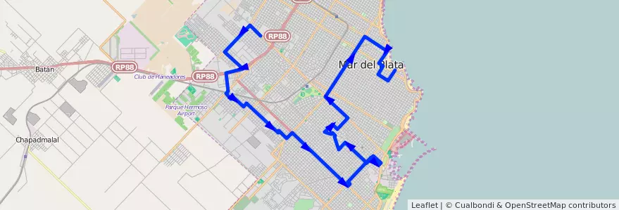 Mapa del recorrido Unico de la línea 593 en Mar del Plata.