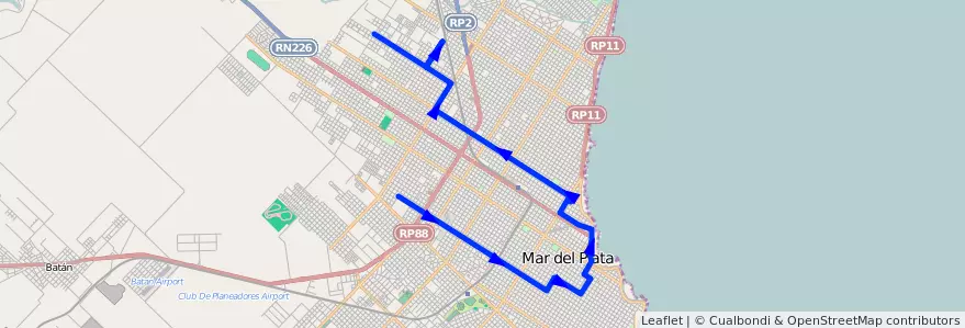 Mapa del recorrido Unico de la línea 532 en Mar del Plata.