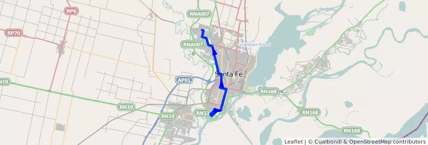 Mapa del recorrido unico de la línea 5 en Santa Fe.