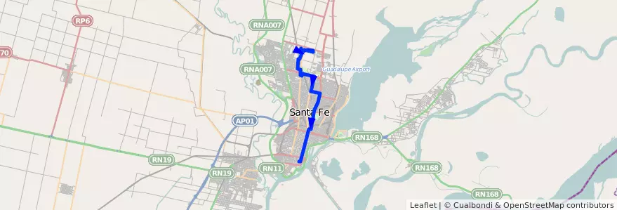 Mapa del recorrido unico de la línea 11 en Santa Fe.
