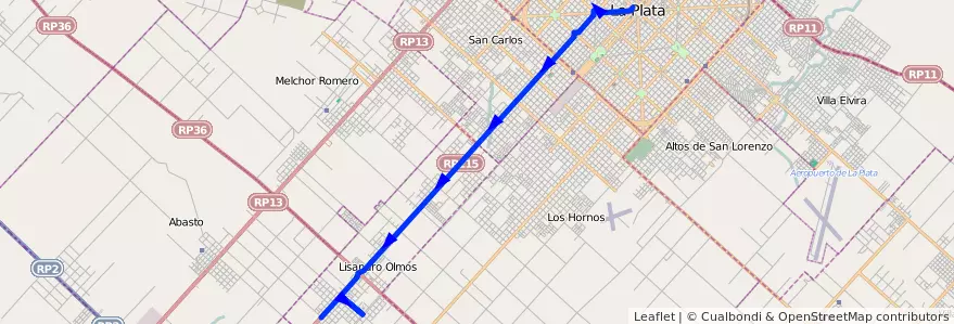 Mapa del recorrido unico de la línea 508 en Partido de La Plata.