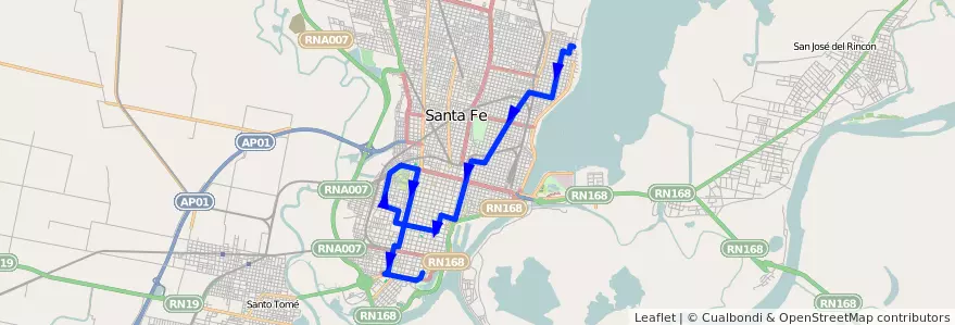 Mapa del recorrido unico de la línea 14 en Santa Fe.