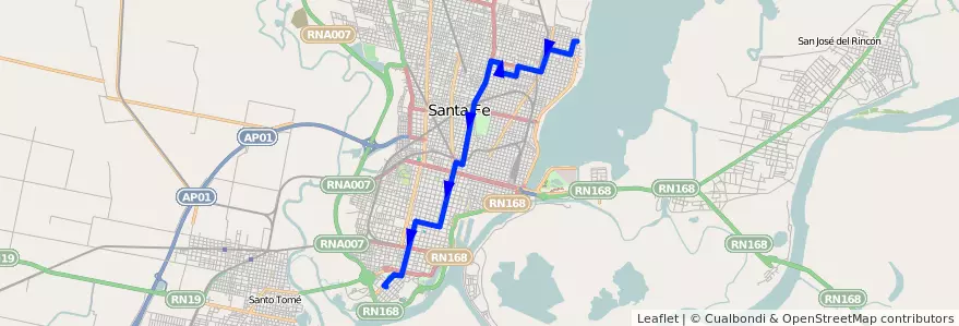 Mapa del recorrido unico de la línea 4 en Santa Fe.