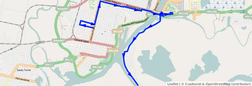 Mapa del recorrido unico de la línea 13 en Santa Fe Capital.